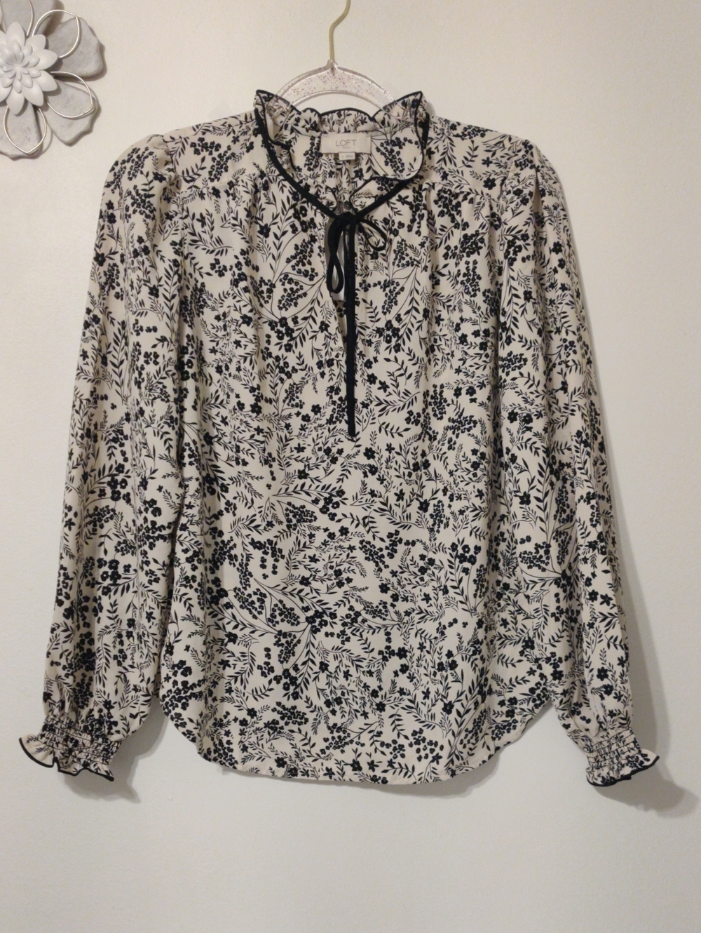 LOFT Black & White Floral Tie-Neck Blouse with Ruffle Collar